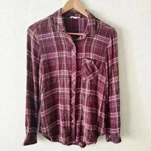 Beach Lunch Lounge S Womens Purple Plaid Button Down Flannel Shirt Long Sleeve